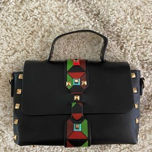 Black Handbag with Geometric Print and Gold Studs